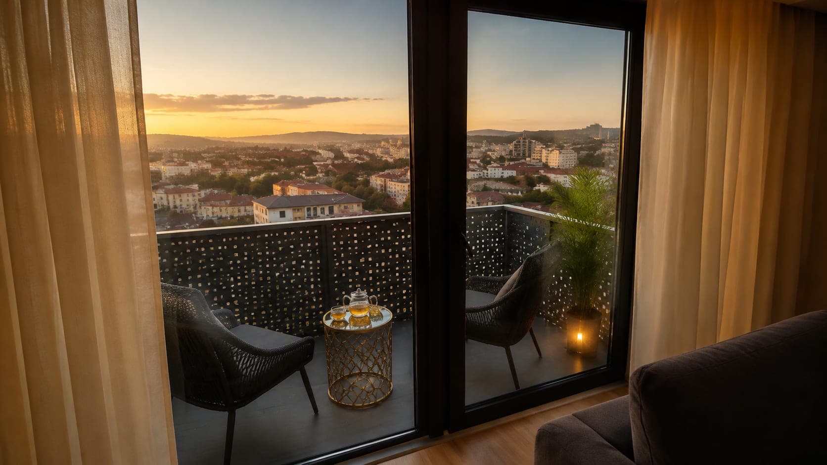 Balcon cu set de ceai și priveliște la apus