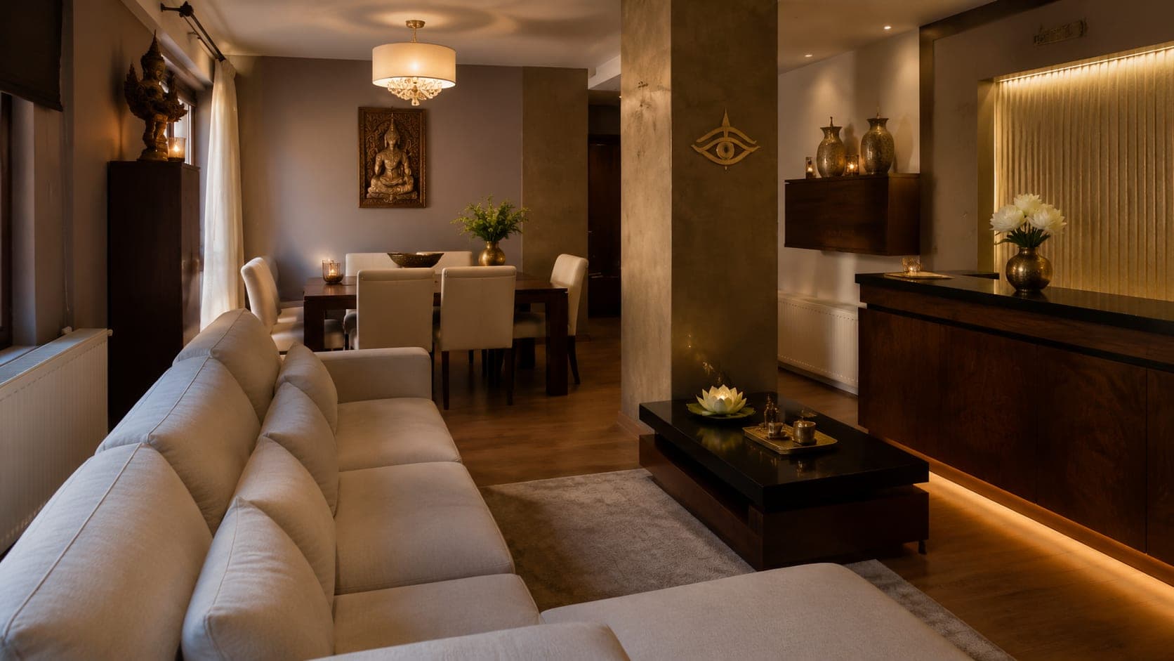 Zonă de relaxare cu masă și decor inspirat din arta tailandeză