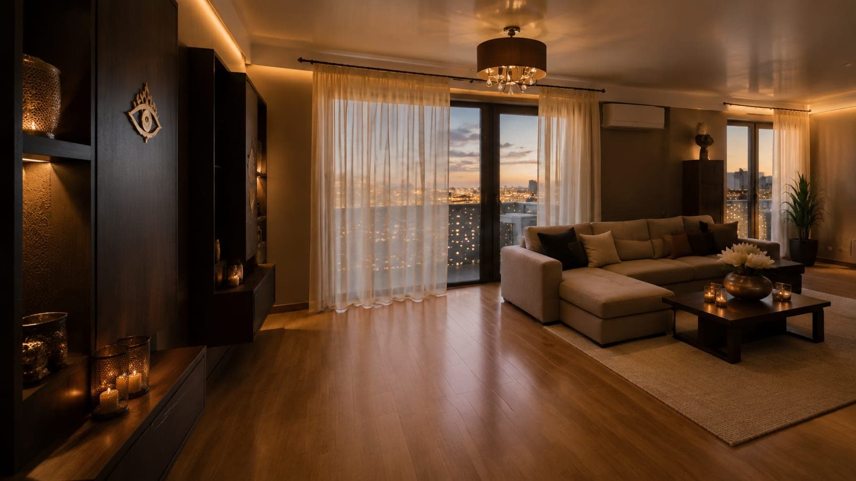 Zonă lounge cu canapea și priveliște asupra orașului